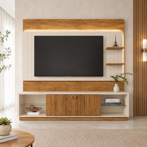 Home para TV Ate 60' Guaiba 2 Portas com LED Off White Canela Mobler