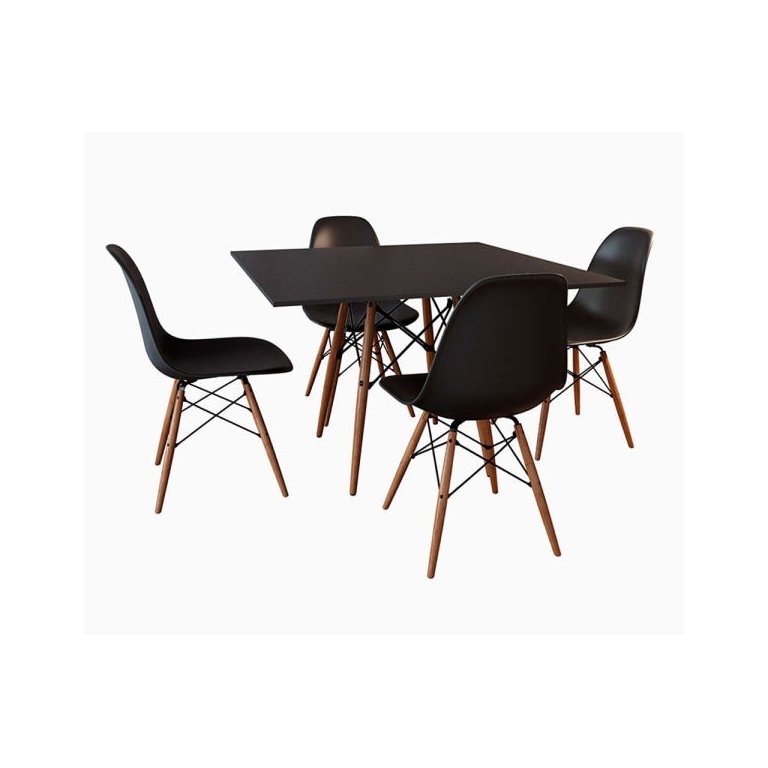 Conjunto de Mesa de Jantar Eames Eiffel Quadrada 90cm Tampo de Madeira Preto com 4 Cadeiras Pretas