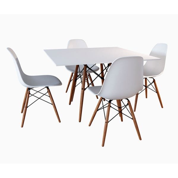 Conjunto de Mesa de Jantar Eames Eiffel Quadrada 90cm Tampo de Madeira Branco com 4 Cadeiras Brancas - 1