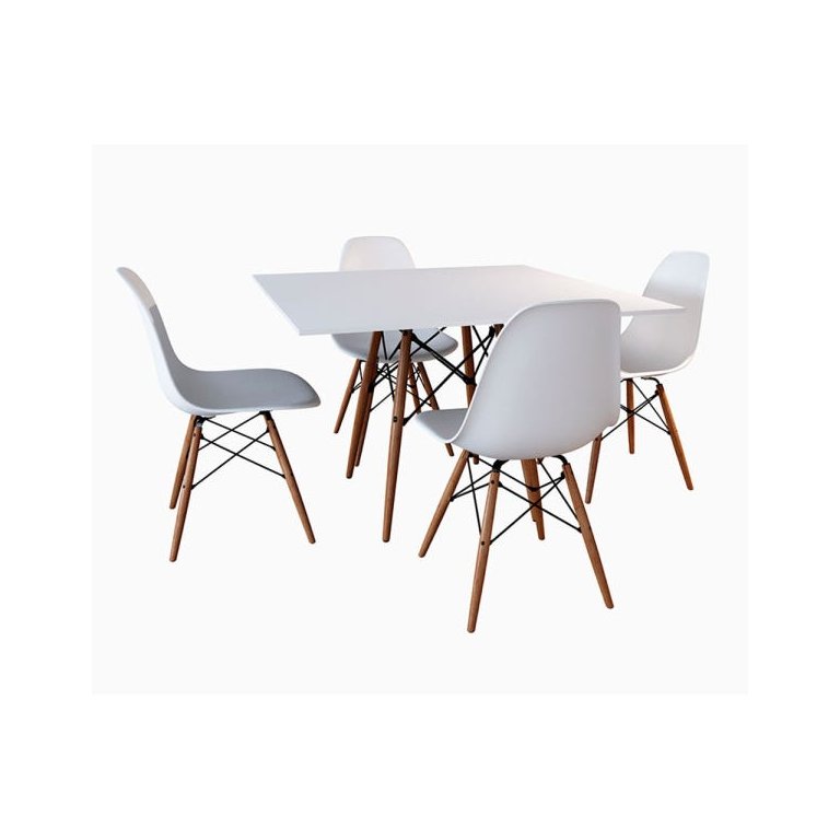Conjunto de Mesa de Jantar Eames Eiffel Quadrada 90cm Tampo de Madeira Branco com 4 Cadeiras Brancas