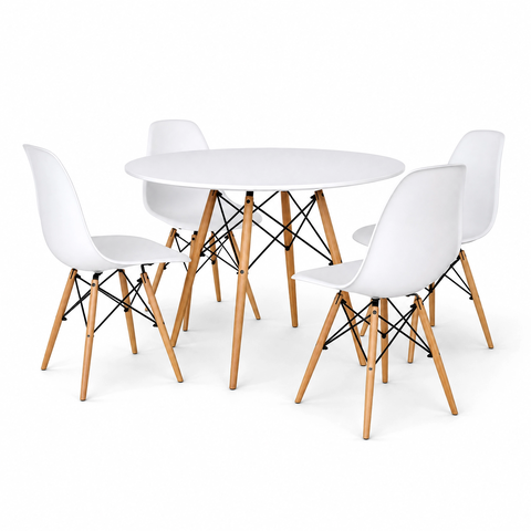 Conjunto de Mesa de Jantar Eames Redonda 90cm Tampo de Madeira Branco com 4 Cadeiras Eames Brancas
