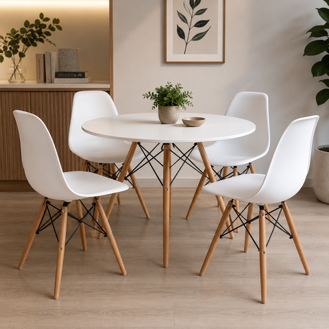 Conjunto de Mesa de Jantar Eames Redonda 90cm Tampo de Madeira Branco com 4 Cadeiras Eames Brancas