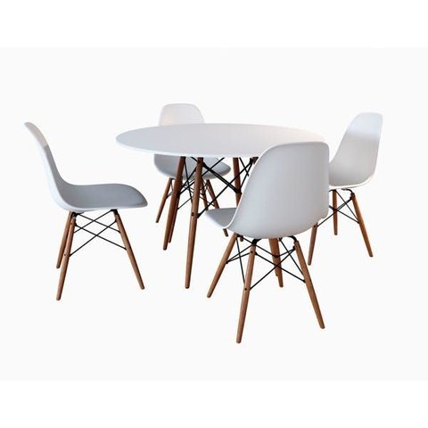 Conjunto de Mesa de Jantar Eames Eiffel Redonda 90cm Tampo de Madeira Branco com 4 Cadeiras Brancas