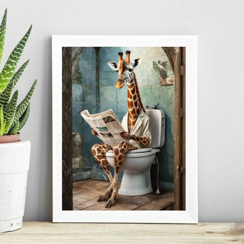 Quadro Banheiro Girafa Lendo Jornal no Vaso 24x18cm:madeira Branca