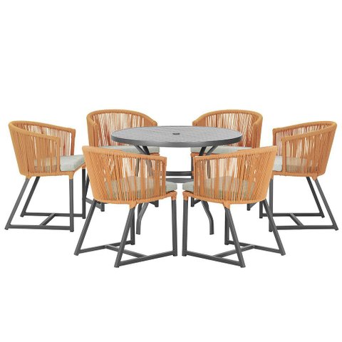 Mesa com 6 Cadeiras de Jantar Roma 120cm e Noronha em Alumínio Preto Corda Náutica Estofado 3 Trama