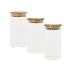 Potes de Vidro para Mantimentos 300Ml com Tampa Bambu - 3 Pçs