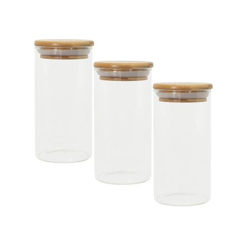 Potes de Vidro para Mantimentos 300Ml com Tampa Bambu - 3 Pçs