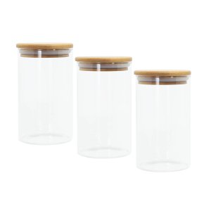 Potes de Vidro para Mantimentos 600Ml com Tampa Bambu - 3 Pçs