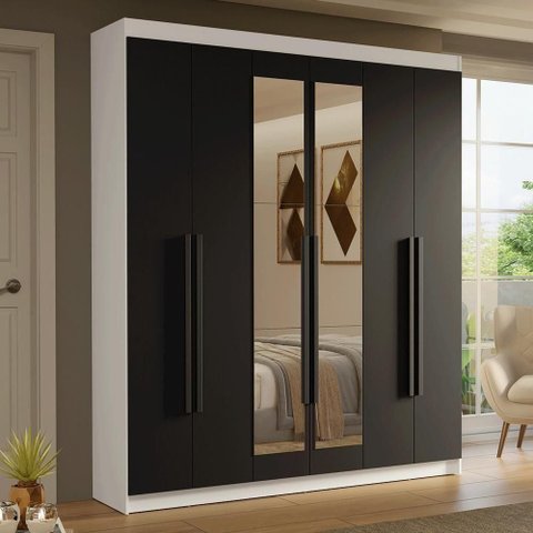 Guarda-roupa Casal 6 Portas Batentes com Espelho Saturno Madesa Branco/preto