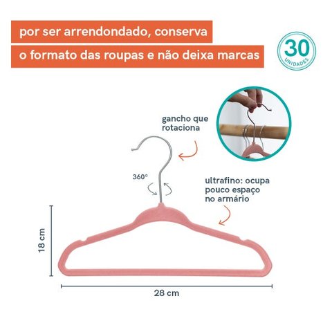 Kit de Cabide Infantil de Veludo Rosa OIKOS - 30 Unidades