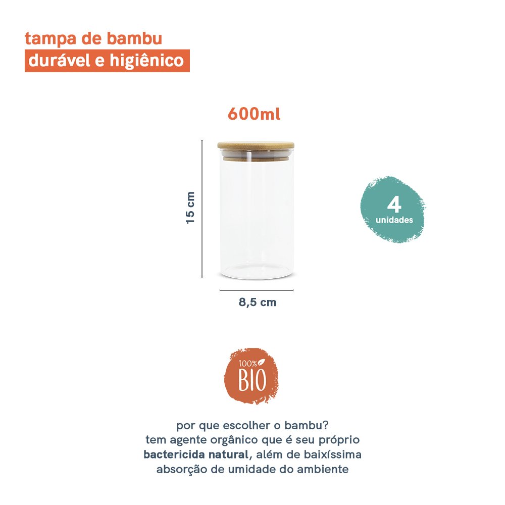 Kit 4 Potes de Vidro para Mantimentos 600Ml com Tampa Bambu - 3