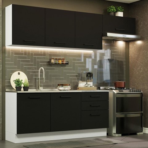 Armário de Cozinha Completa 260cm Branco Preto Agata Madesa 02