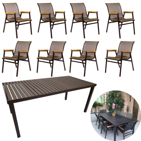 Mesa Jantar Retangular Alumínio + 8 Cadeiras Praia de Jardim Piscina