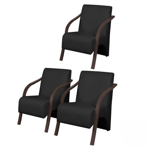 Kit3 Poltronas Vênus 1 Lugar Pé Madeira Dsalla Courino Preto