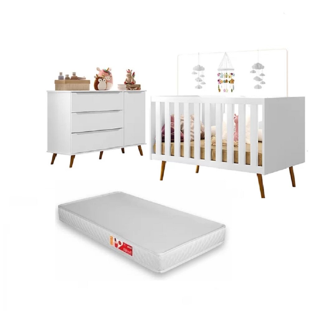 Cômoda Fraldário Lunna 3 Gavetas + Berço Mini Cama 3 em 1 Branco com Colchão 70x130