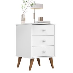 Mesa de Cabeceira 3 Gavetas Mdf Retro Pés em Madeira Agata:branco - 1