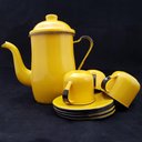 Ver imagem 2 de Kit Bule Café Chá com 6 Xícaras Pires Açucareiro Aço Esmaltado Amarelo