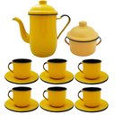 Ver imagem 1 de Kit Bule Café Chá com 6 Xícaras Pires Açucareiro Aço Esmaltado Amarelo