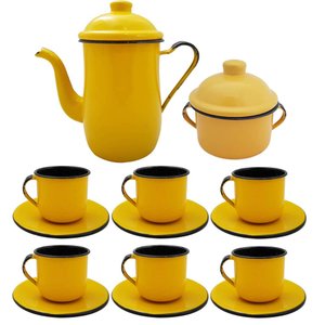 Kit Bule Café Chá com 6 Xícaras Pires Açucareiro Aço Esmaltado Amarelo