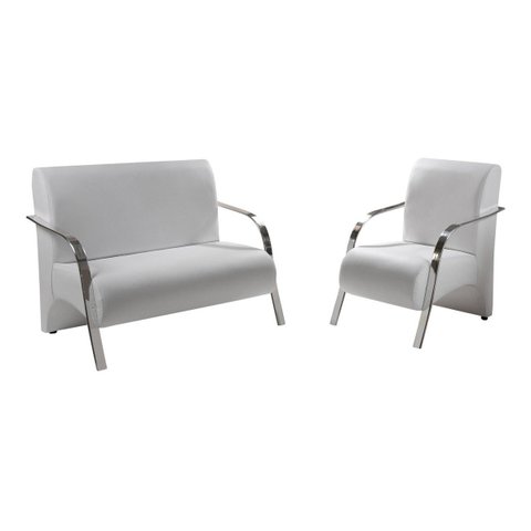 Kit Poltrona + Namoradeira Sevilha Braço Metal Decoração Recepção Escritório - Corino Branco