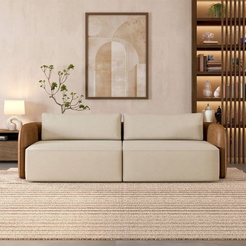 Sofá Living Sala de Estar Abel 240cm Bipartido Pés de Madeira Pu/veludo Caramelo/bege Claro G33 - Gr