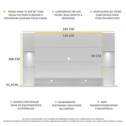 Painel Tv Até 60 Polegadas com 2 Leds e Prateleiras de Vidro Vegas Multimóveis Branco - 4