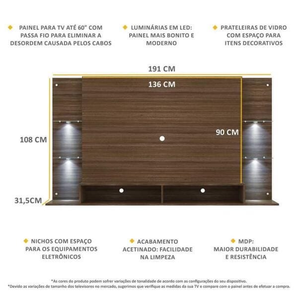 Painel Tv Até 60 Polegadas com 4 Leds e Prateleiras de Vidro Vegas Multimóveis Madeirado - 4