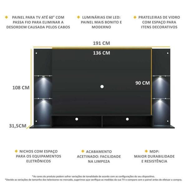 Painel TV até 60 Polegadas com 4 Leds e Prateleiras de Vidro Vegas Multimóveis Preto - 4