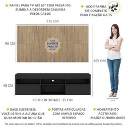 Rack com Painel e Suporte TV 65 Polegadas Suspenso e 2 Portas Londres - Preto/Rustic - 3
