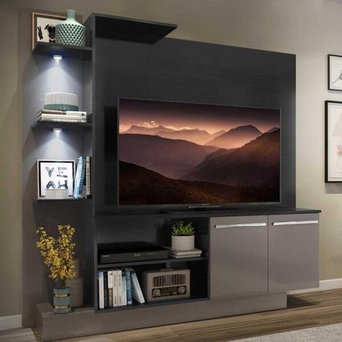 Estante com 2 Leds Painel Tv 55" e 2 Portas Dallas Multimóveis Preto/Lacca Fumê