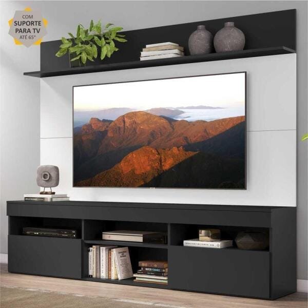 Rack com Painel TV 65 Polegadas Madri Multimóveis com Suporte e Prateleira Preto/Branco Menor preço em Rack com Painel TV 65 Polegadas Madri Multimóveis com Suporte e Prateleira Preto/Branco