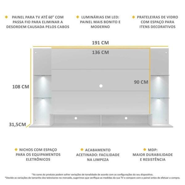 Painel Tv Até 60 Polegadas com 4 Leds e Prateleiras de Vidro Vegas Multimóveis Branco - 4