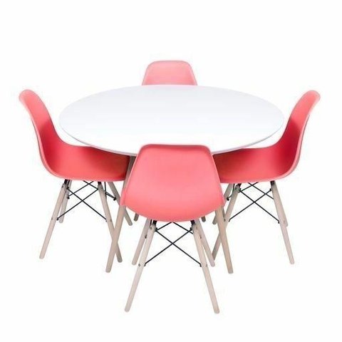 Conjunto Mesa Eames Branca 110cm e 4 Cadeiras Eames PP Coral