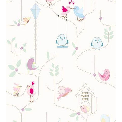 Papel De Parede Infantil Com Fundo Branco Passarinhos Para Quarto Sala
