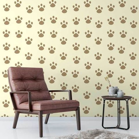 Papel De Parede Bege Infantil Para Quarto Sala Com Desenho Pata De Cachorro