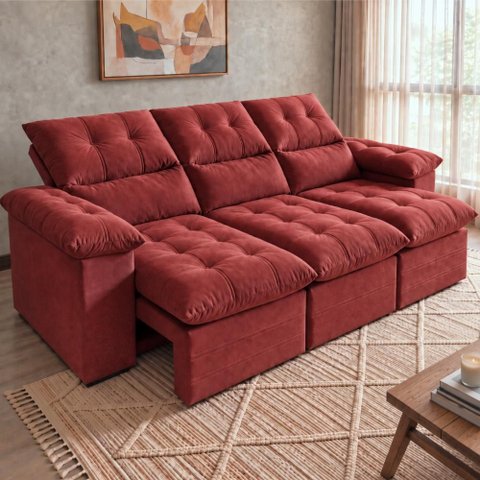Sofá 3 Lugares Retrátil e Reclinável 2,00m Lyon Velusoft Vermelho Cama Inbox