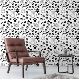 Papel De Parede Para Petshop Desenho De Cachorro Gato Patinhas Ossos Branco Preto - 2