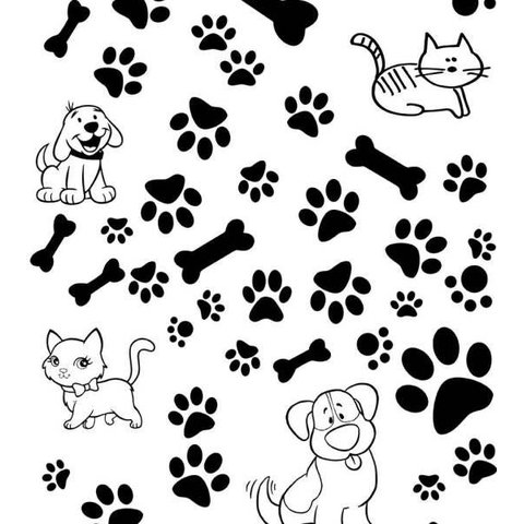 Papel De Parede Para Petshop Desenho De Cachorro Gato Patinhas Ossos Branco Preto