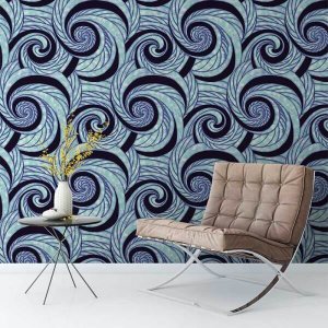 Papel De Parede Azul Claro Com Detalhes Azul Escuro Para Sala Com Ondas Espirais