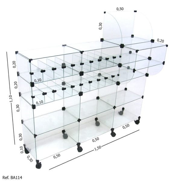 Balcão Baleiro Caixa Modulado em Vidro com Rodízios - 1,50 x 1,10 x 0,30