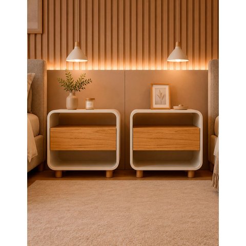 Conjunto 2 Mesas de Cabeceira Apoio Criado Modular Niara Pés Cor:Off-White/Madeira
