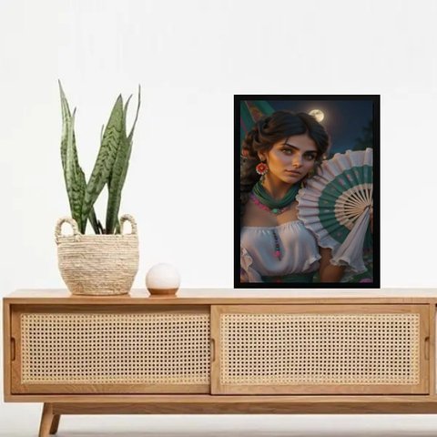 Quadro Decorativo Cigana Lua Cheia - Leque 24x18cm:madeira Branca