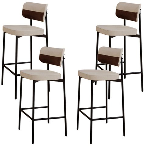 Kit 04 Banquetas Alta Bar Cozinha Sala de Jantar Aço Preto Kaira C01 Linho Areia Courino Whisky -