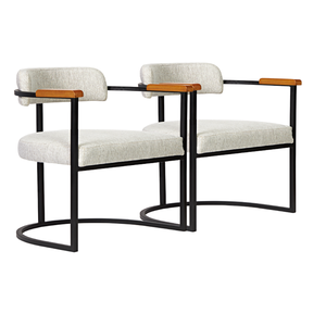 Kit 02 Poltronas Ohio Braço Madeira Linho Bege Estrutura Preto Fosco