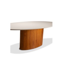 Mesa de Jantar Oval 6 Lugares 180cm X 100cm com Base Amadeirada e Vidro Off White - 2