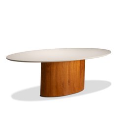 Mesa de Jantar Oval 6 Lugares 180cm X 100cm com Base Amadeirada e Vidro Off White - 1
