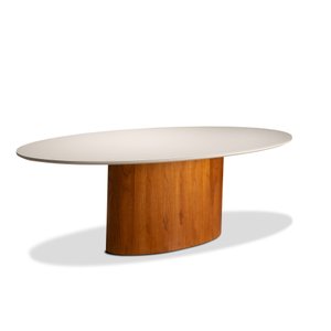 Mesa de Jantar Oval 6 Lugares 180cm X 100cm com Base Amadeirada e Vidro Off White