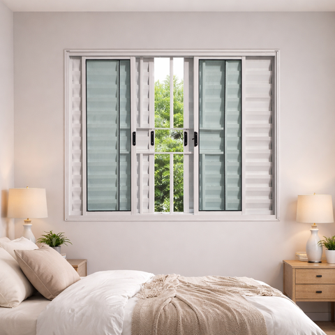 Janela Veneziana 6 Folhas com Grade Alumínio Branco 120x120 Linha Esmeralda