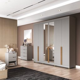 Quarto Casal Completo com Guarda-roupa Newton 6 Portas, 1 Cômoda e 2 Mesas de Cabeceira - 1