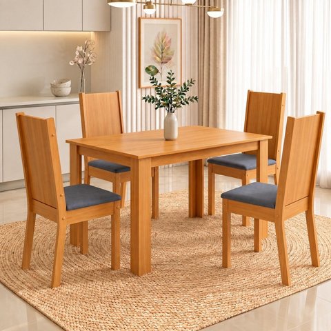 Conjunto Sala de Jantar Mesa Juliana 110cm Tampo MDP Canto Reto 4 Cadeiras Tami